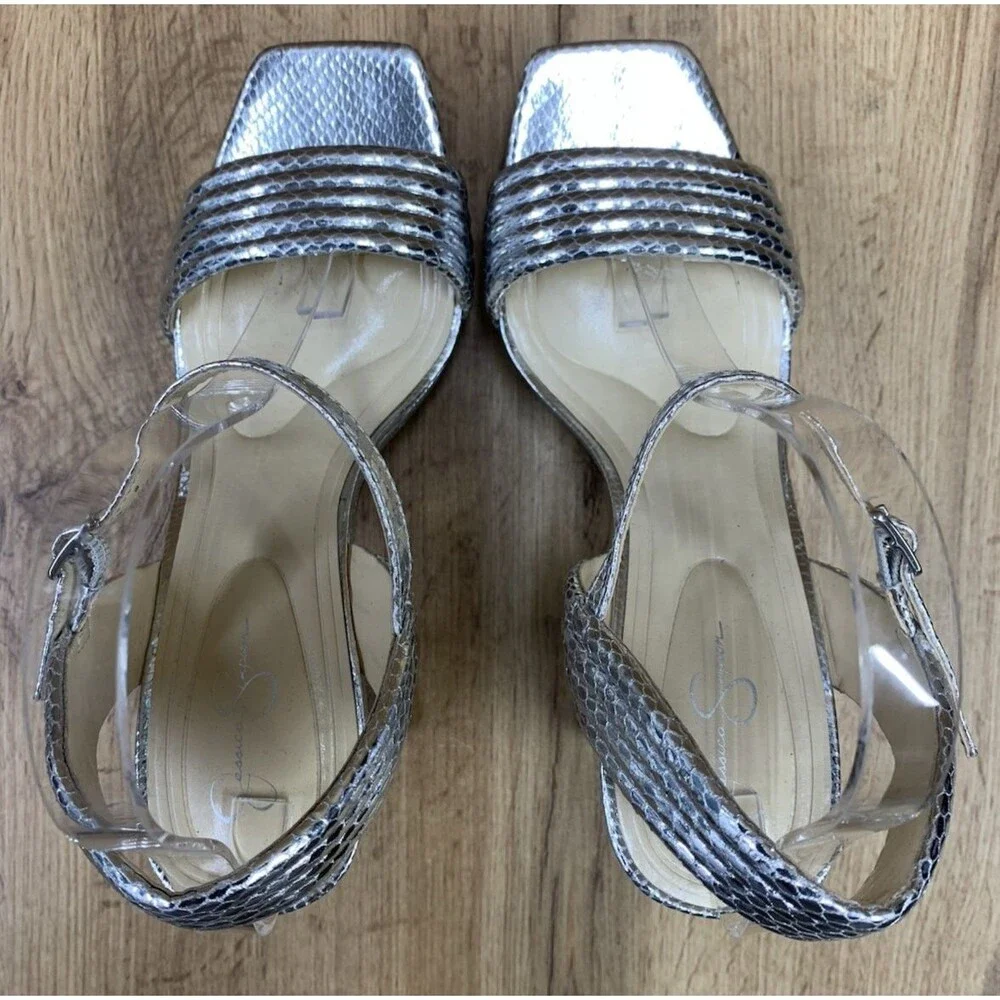 Jessica Simpson Bautista Platform Sandals Women 9 Silver Metallic Snake Heels